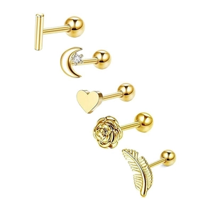5-piece gold stainless steel piercing set with moon, rose, and heart geometric shapes