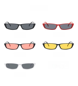 Various colors of retro narrow rectangular sunglasses in black, red, and white frames