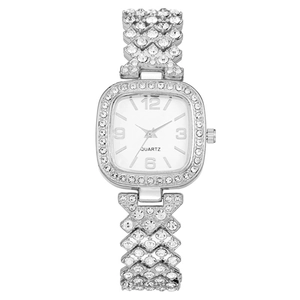 Fashionable women's square silver quartz watch with shimmering crystal rhinestones
