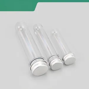 Clear PET plastic tubes with silver aluminum screw caps in three different sizes