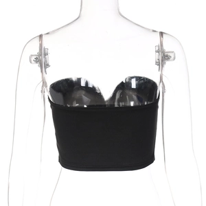 Detail view of black V-neck strapless corset top with structured cups and slim fit