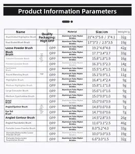 Detailed size chart for makeup brushes including nylon hair material and weight data