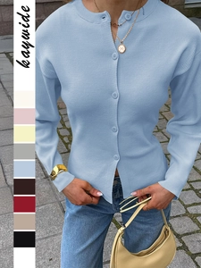 Gilet En Maille Femme Viscose Polyester Polyamide Côtelé Manches Longues Col Rond Boutonné Décontracté Couleur Unie Haut