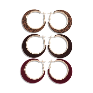 Three pairs of retro C-shaped velvet earrings in leopard print, brown, and burgundy