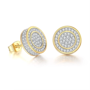 Hiphop round stud earrings with gold plating and full cubic zirconia inlay in dual perspectives