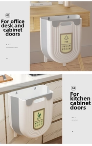 Wall-mounted folding waste bin with dry and wet waste labels on a modern kitchen cabinet