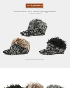 Detail view of ethnic paisley baseball caps featuring realistic wig hair in various colors