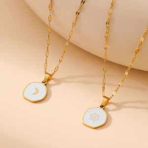 Stainless Steel Necklace With Sun Moon White Enamel Pendant Minimalist Gold Plated Jewelry For Women