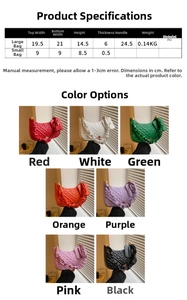 Size chart for quilted hobo bag set showing dimensions and multiple color options