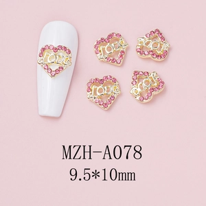 Pink rhinestone heart nail charm with Love text and gold base, size 9.5x10mm