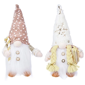 Lighted Christmas plush gnomes set with sequin hats and festive props on white background