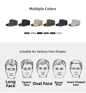 Detail view of quick-dry army caps in six colors showing suitability for various face shapes