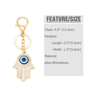 Detail of Hamsa Hand keychain with Evil Eye inlay and sparkling white rhinestones
