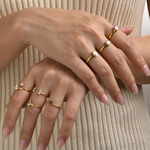 Women's 18K gold plated stainless steel adjustable rings with square zircon stones