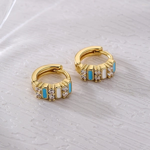 Bohemian gold-plated hoop earrings with blue enamel and clear zircon stones in a pair