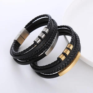 Bracciali multistrato in pelle intrecciata da uomo con chiusura in acciaio inox