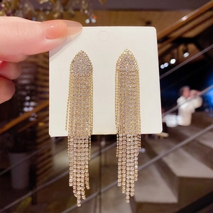 Macro shot of S925 silver long dangling fringe earrings with sparking rhinestones