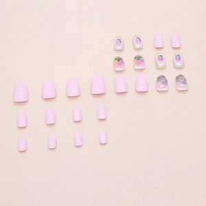 Sweet pink press-on nails set featuring delicate tulip and floral patterns on short tips