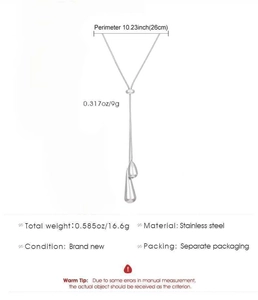 Detailed view of silver stainless steel Y-shaped necklace with polished water drop pendant