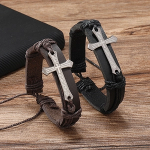 Men's vintage braided leather bracelet with cross pendant featuring Lord's Prayer