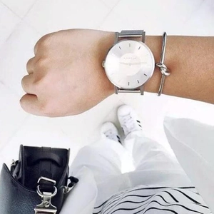 Silver knot cuff bracelet and minimalist mesh strap quartz watch set for women and men