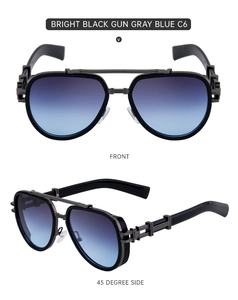 Detail of pilot sunglasses with double bridge and mechanical metal temples in gunmetal