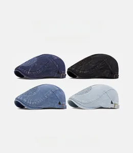 Detail showing four colors of vintage denim ivy caps with adjustable metal side buckles