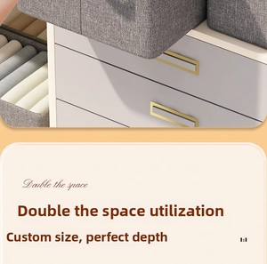 Gray fabric storage box with woven texture used for efficient drawer and closet organization