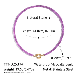 Detail view of purple natural stone beaded necklace with stainless steel size specifications