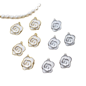 14k gold plated white camellia flower charms for DIY pearl necklaces and bracelets