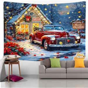 Détail de tapisserie de Noël avec voiture rouge vintage et cabane sous la neige au mur