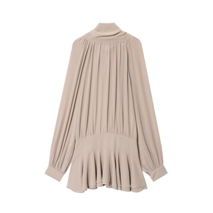 Vestido Mini Elegante De Gasa Para Mujer Manga Larga Cuello Alto Con Lazo Dobladillo Con Volantes Plisado Liso
