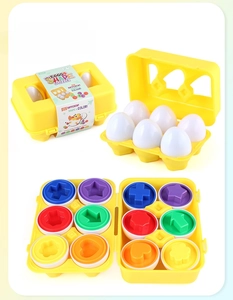 Macro view of 6-piece Easter egg toy set with colorful geometric shape matching details
