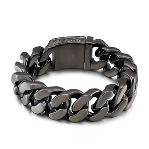Men's gunmetal 316L stainless steel thick Cuban chain bracelet with skull detail