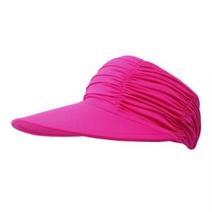 Side view of rose red sun visor featuring textured fabric and a wide protective brim