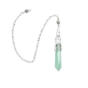 Natural green crystal hexagonal prism pendulum with hollow silver-tone metal cap and long chain