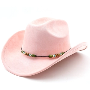 Detailed macro of pink suede cowboy hat featuring a colorful beaded ethnic band