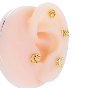 Gold stainless steel ear stud set with moon, butterfly, and star zircon designs