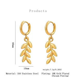 Minimalist 18K gold plated wheat leaf earrings in 316 stainless steel design