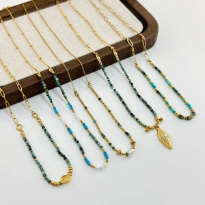 Retro African turquoise necklace with gold plated stainless steel and leaf charms