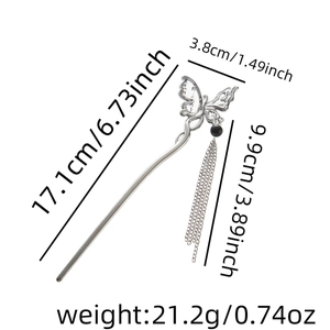 Detail view of silver butterfly hair pin with tassel and black bead including dimensions