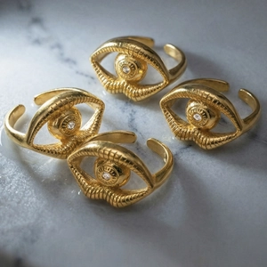 Gold-plated open rings with evil eye design and clear zircon inlay for women