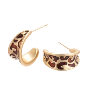 Vintage golden C-shaped leopard print enamel earrings with a metallic finish for women