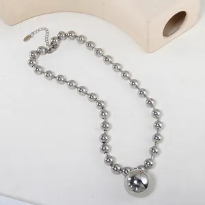 Polished silver stainless steel ball necklace with large sphere pendant and bead chain