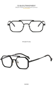Detail of black polygonal glasses with double bridge design and transparent lenses