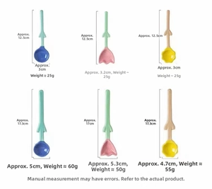Size chart showing six tulip ceramic spoons with specific dimensions and weights