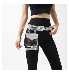 Close-up of metallic silver mini leg bag with transparent window and metal buckles