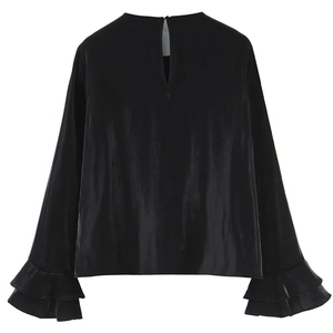 Elegant black glossy velvet blouse with long ruffled sleeves and a classic round neck