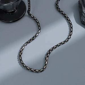 6mm Cuban link geometric box chain necklace for men in black and silver metallic finish