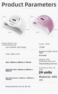 Detail view of 150W UV LED nail lamp dimensions and technical power specifications